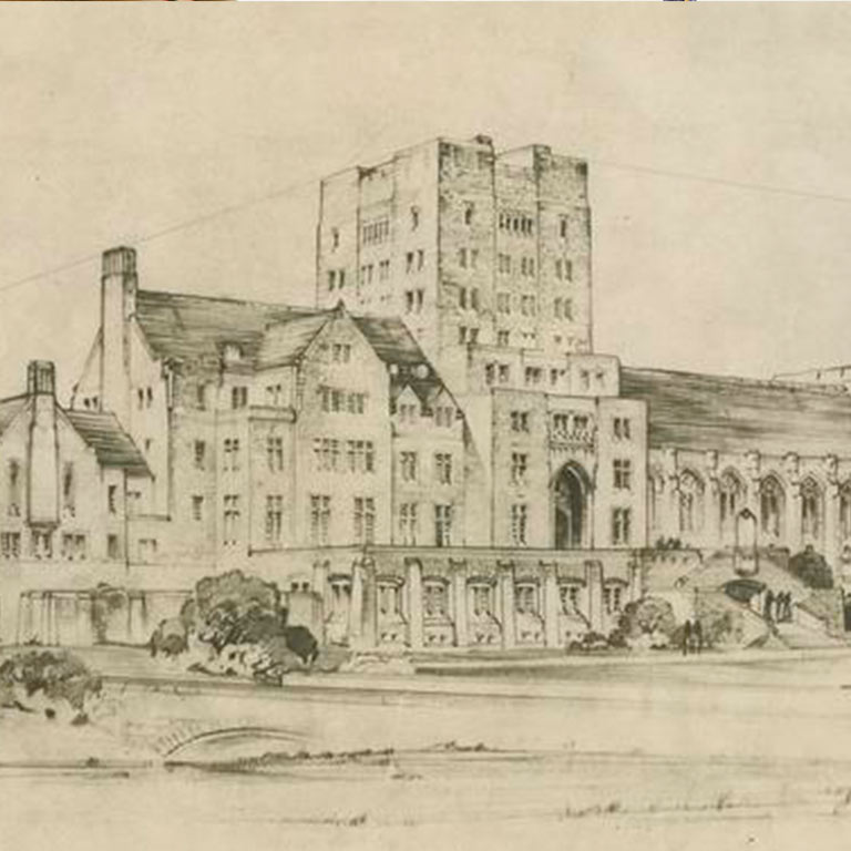 An archival sketch of the exterior of the Indiana Memorial Union