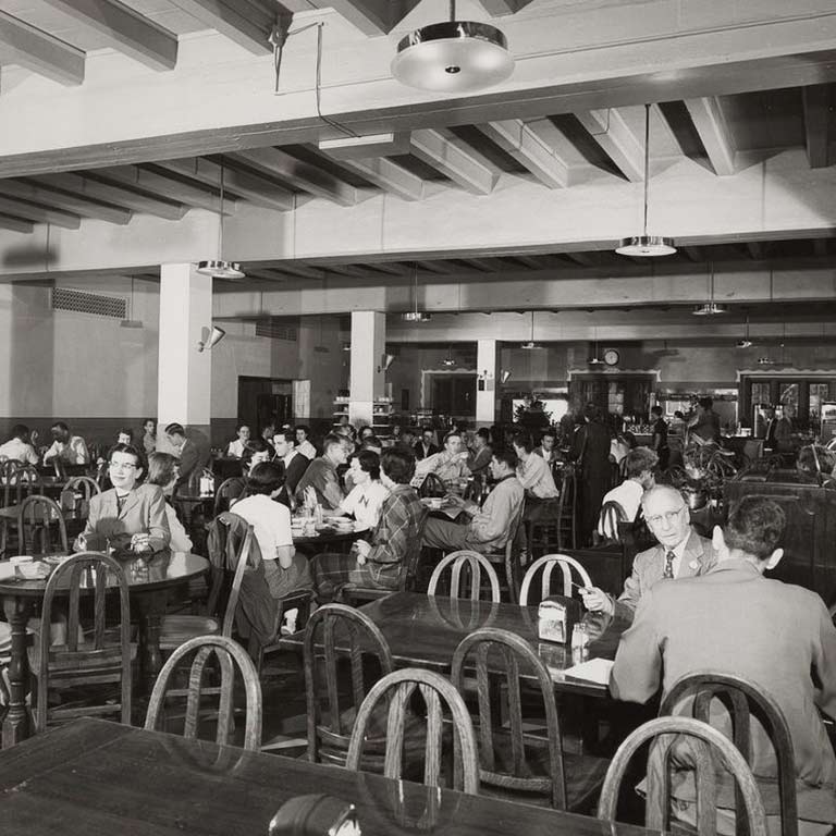 An archival image of students in the Indiana Memorial Union Commons