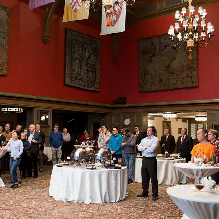 Guests attend a reception in the Tudor Room in the Indiana Memorial Union.