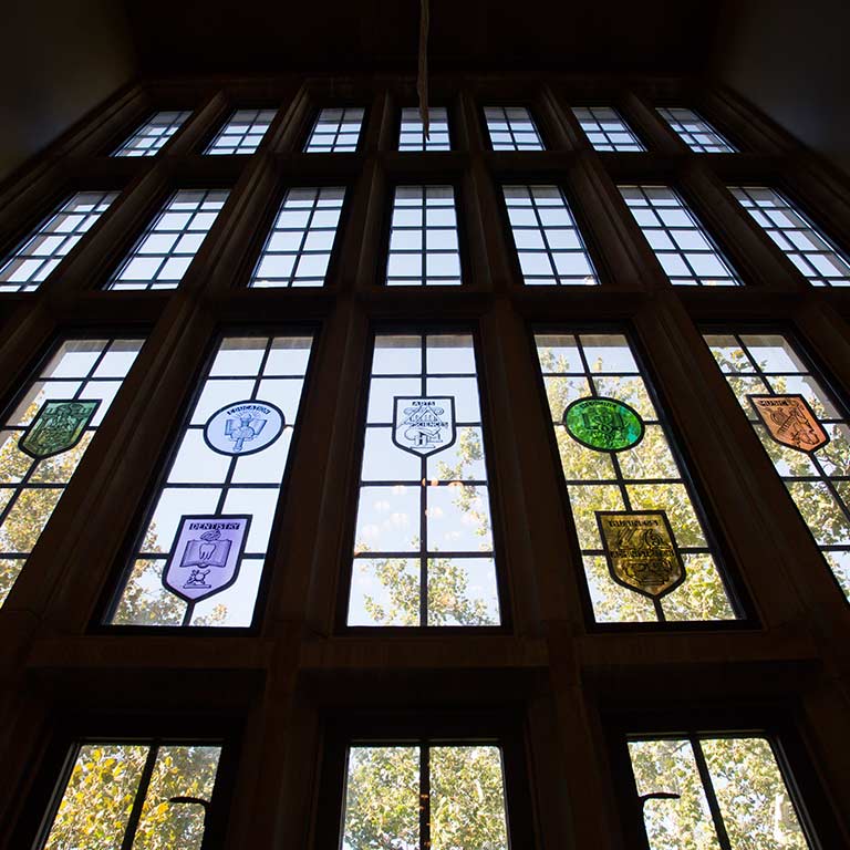 Stained-glass windows in the Tudor Room in the Indiana Memorial Union